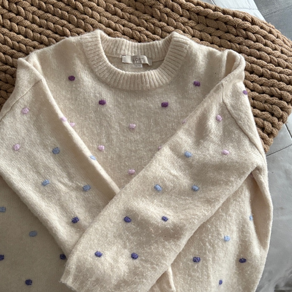 LOFT Cream Sweater with Purple and Blue Dots